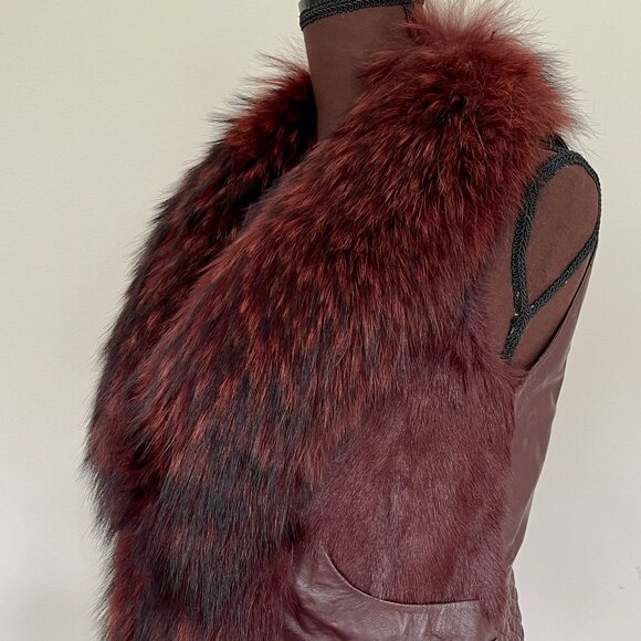 NWOT Burgundy Brown Leather Vest Real Fox Fur S size - Picture 3 of 16
